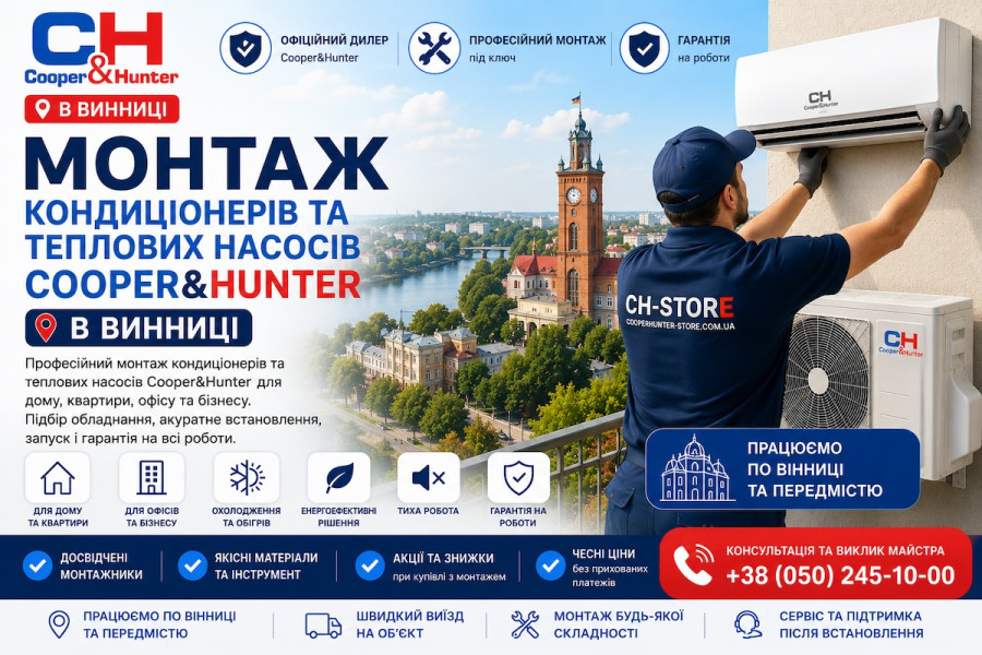 Монтаж кондиціонерів та теплових насосів Cooper&Hunter у Вінниці