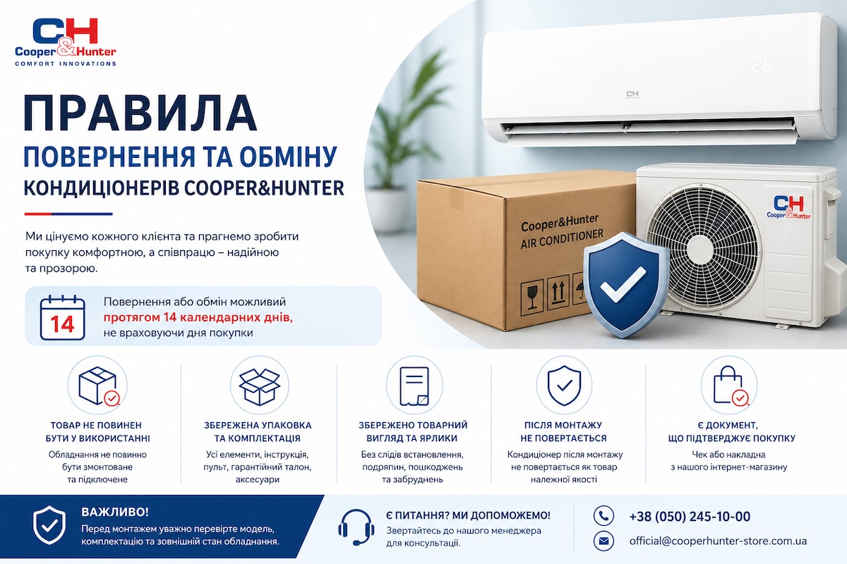 Повернення та обмін кондиціонерів Cooper&Hunter | CooperHunter-Store
